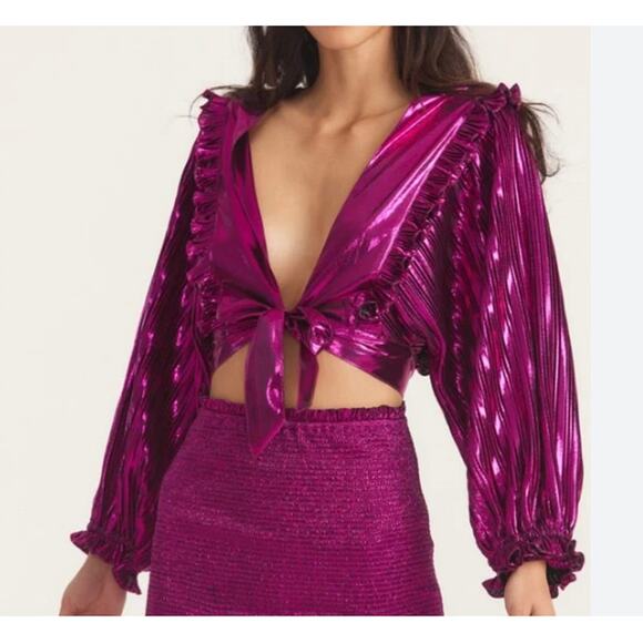 LoveShackFancy Tops - NEW LoveShackFancy S Fuschia Pink Shiny Metallic Missy Crop Top Tie Front Prep